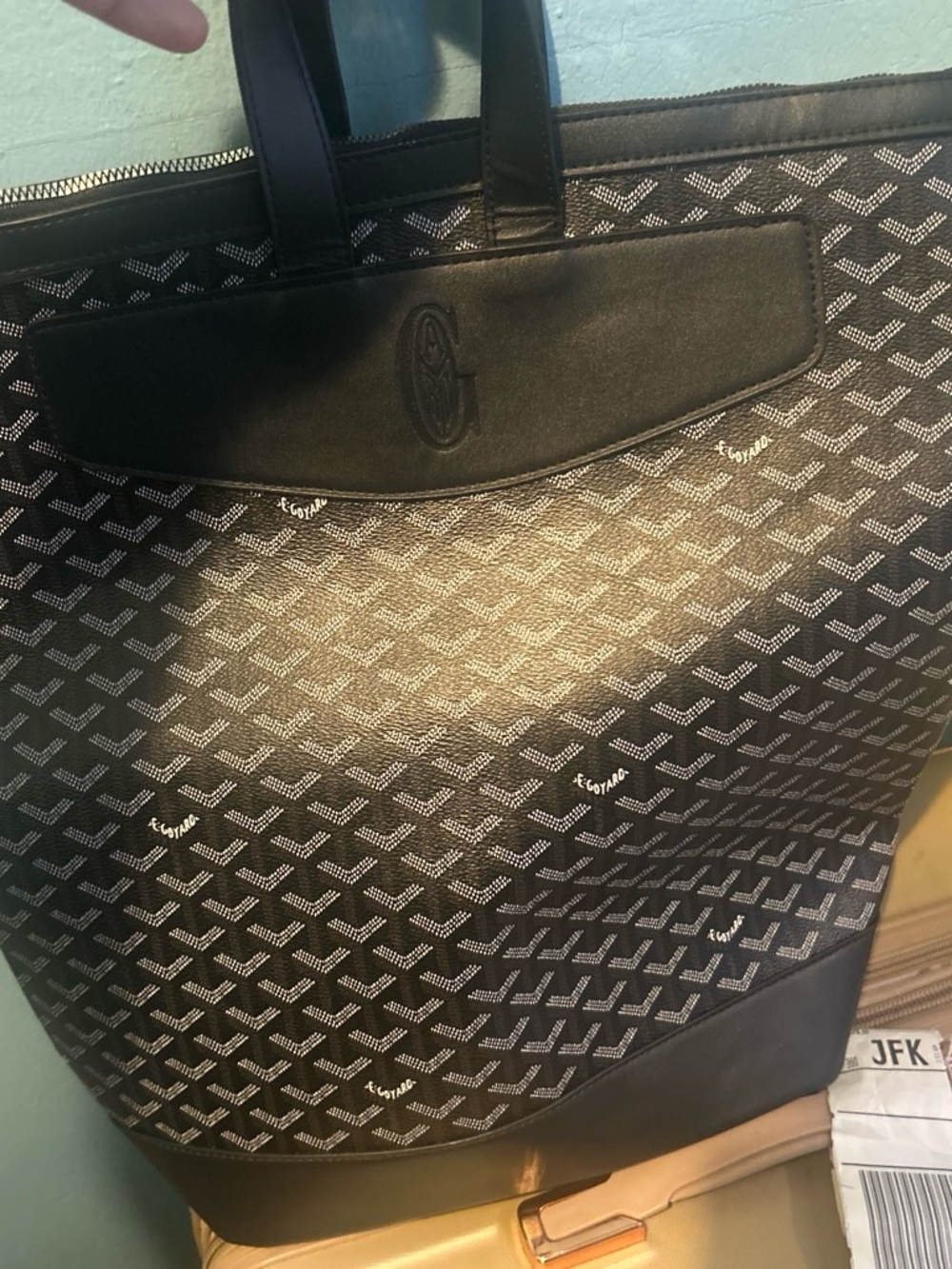 Goyard Black Patterned Goyardine Tote with Leather Trim